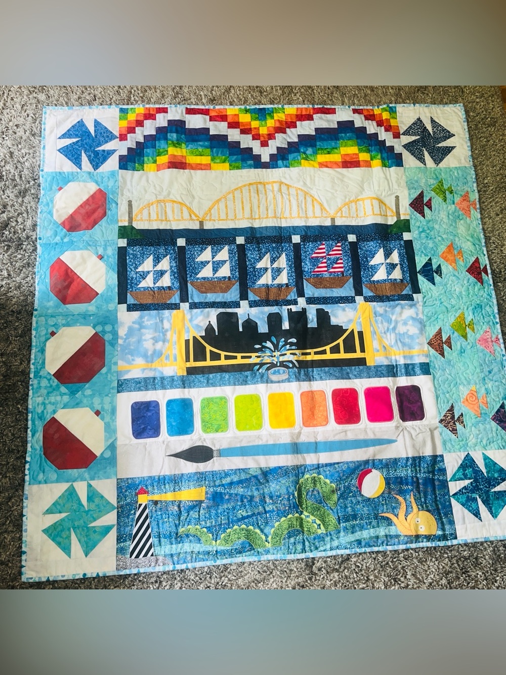 Rainbow Nautical Patchwork Quilt with Bridge & Sailboat Handmade Pittsburgh PA